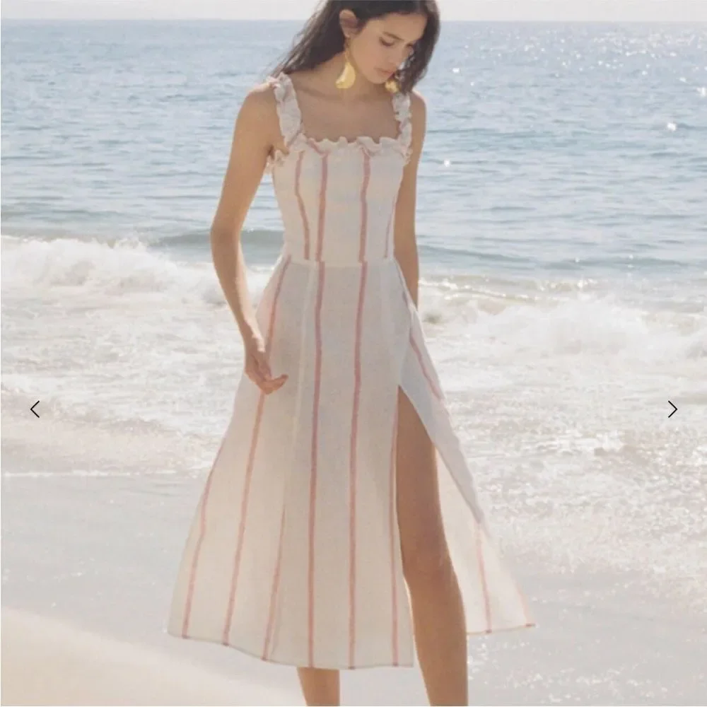Reformation Lavender Midi Dress Sleeveless White Red Stripe 100% Linen Sz 6 NWT